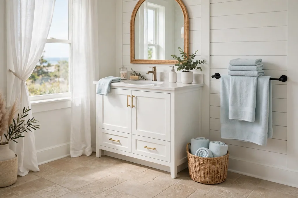 Coastal bathroom floor in sandy beige stone look tiles with a white vanity.