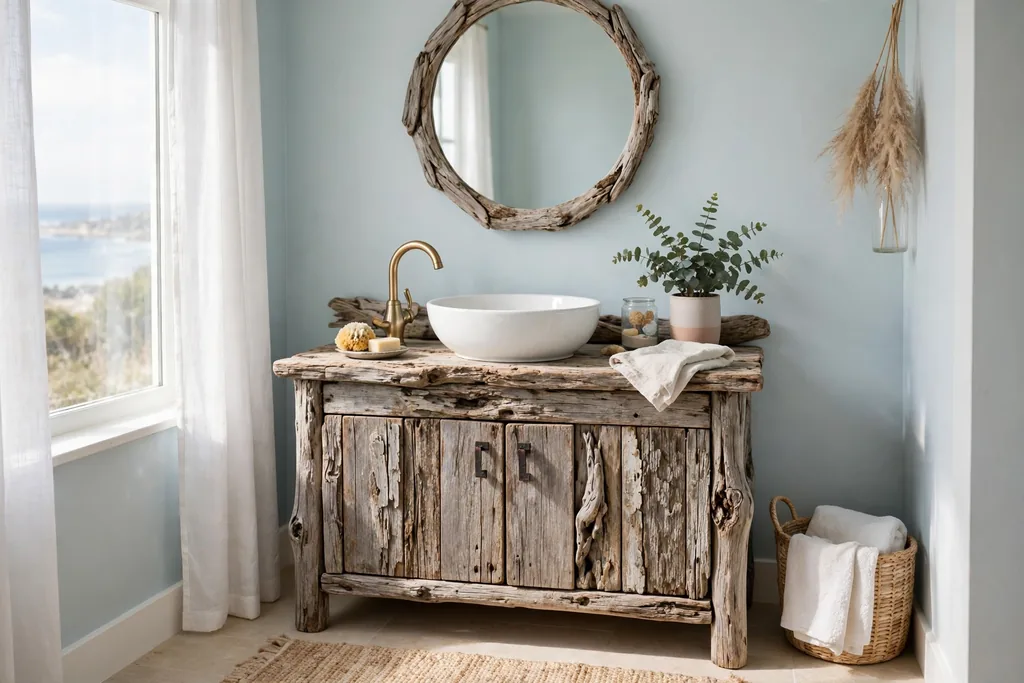 Coastal bathroom with a weathered driftwood look vanity and a white vessel sink.