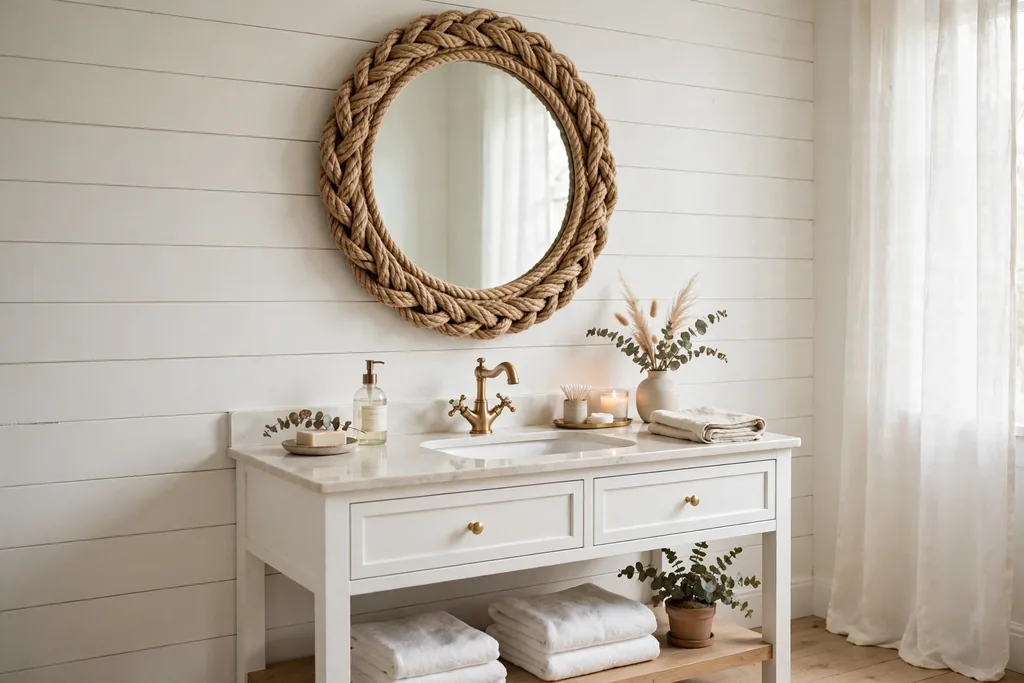 Bathroom vanity with a round mirror framed in thick natural rope.