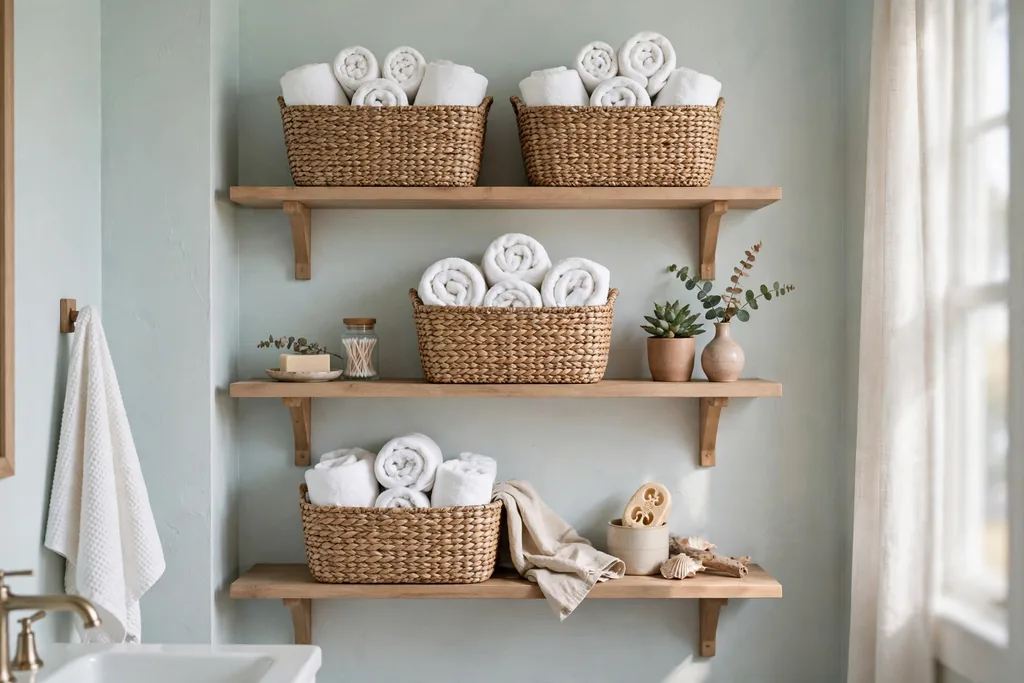 Bathroom shelves with woven seagrass baskets holding rolled white towels.