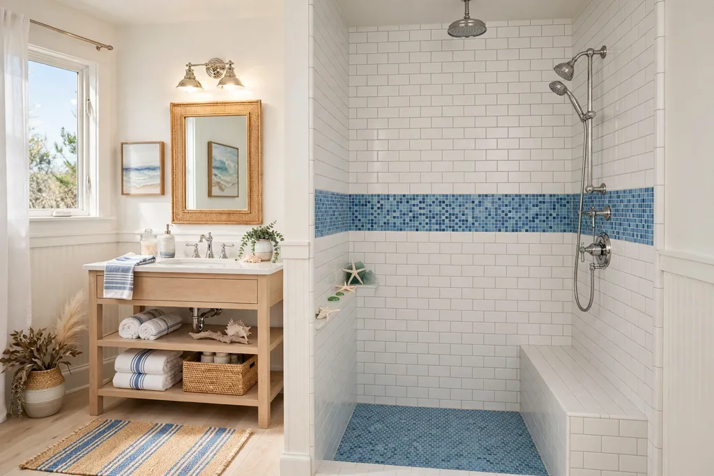 Walk in shower with white subway tiles and a blue mosaic tile border.