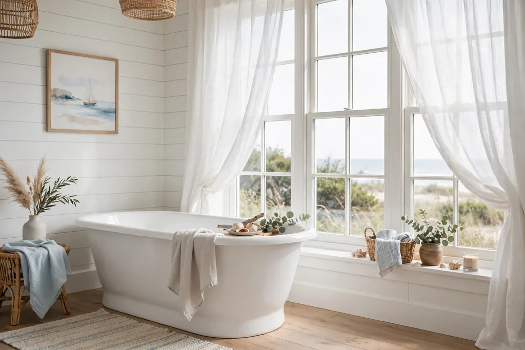 Freestanding white bathtub beside a large bright bathroom window with sheer curtains.