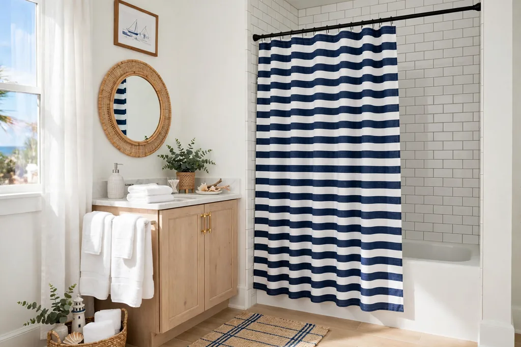 Bathroom with a navy blue and white striped shower curtain and white tiles.