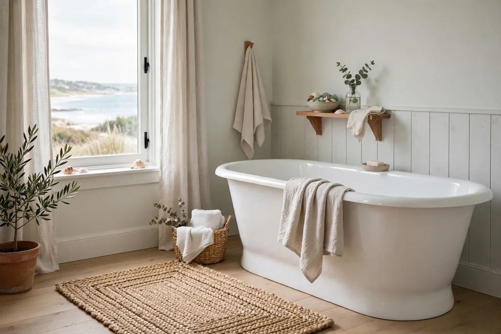 Coastal bathroom with a woven natural jute rug beside a white bathtub.