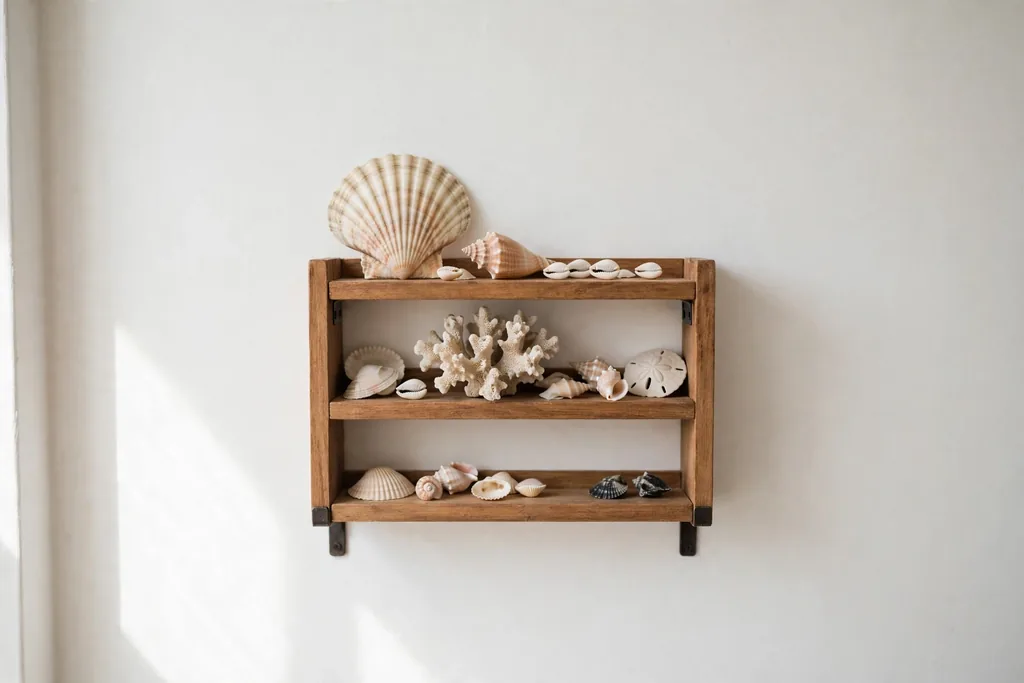 Small wooden bathroom shelf displaying seashells and a piece of coral.