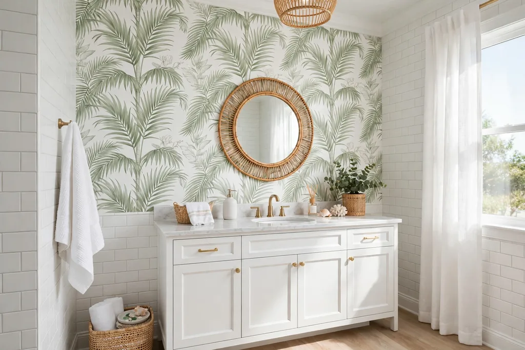 Bathroom accent wall with palm leaf wallpaper in soft green and white.