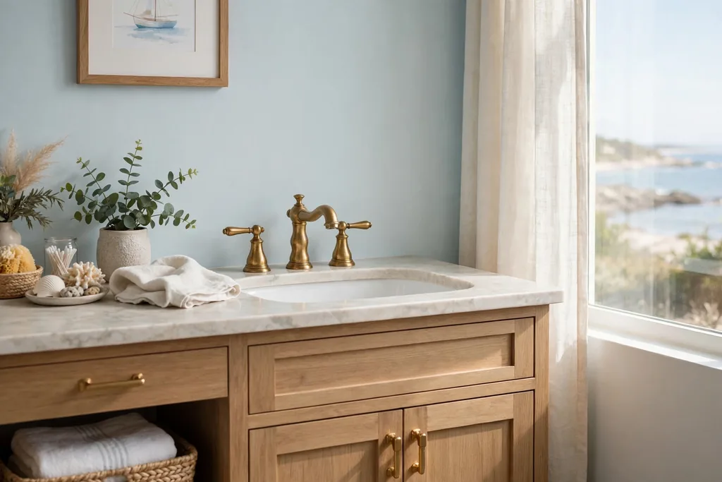 Coastal bathroom sink with warm brass faucets and a white basin.