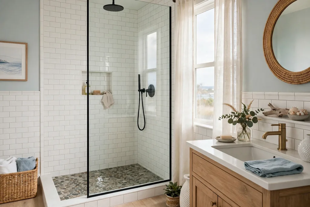 Walk in shower with a pebble stone floor and white wall tiles.