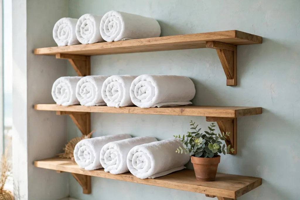 Open wooden bathroom shelves with neatly rolled white towels and a small plant.