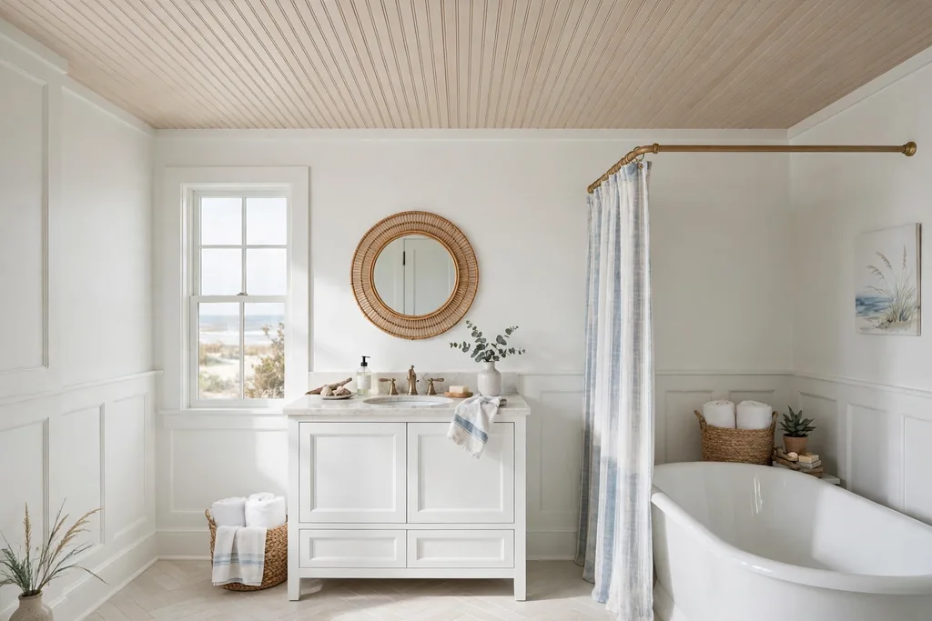Coastal bathroom with a pale wood beadboard ceiling and white walls.