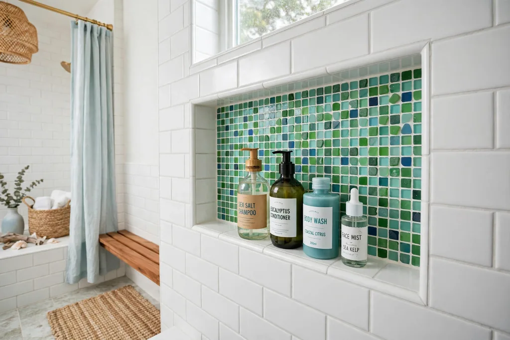 Shower niche lined with sea glass green and aqua tiles holding bottles.