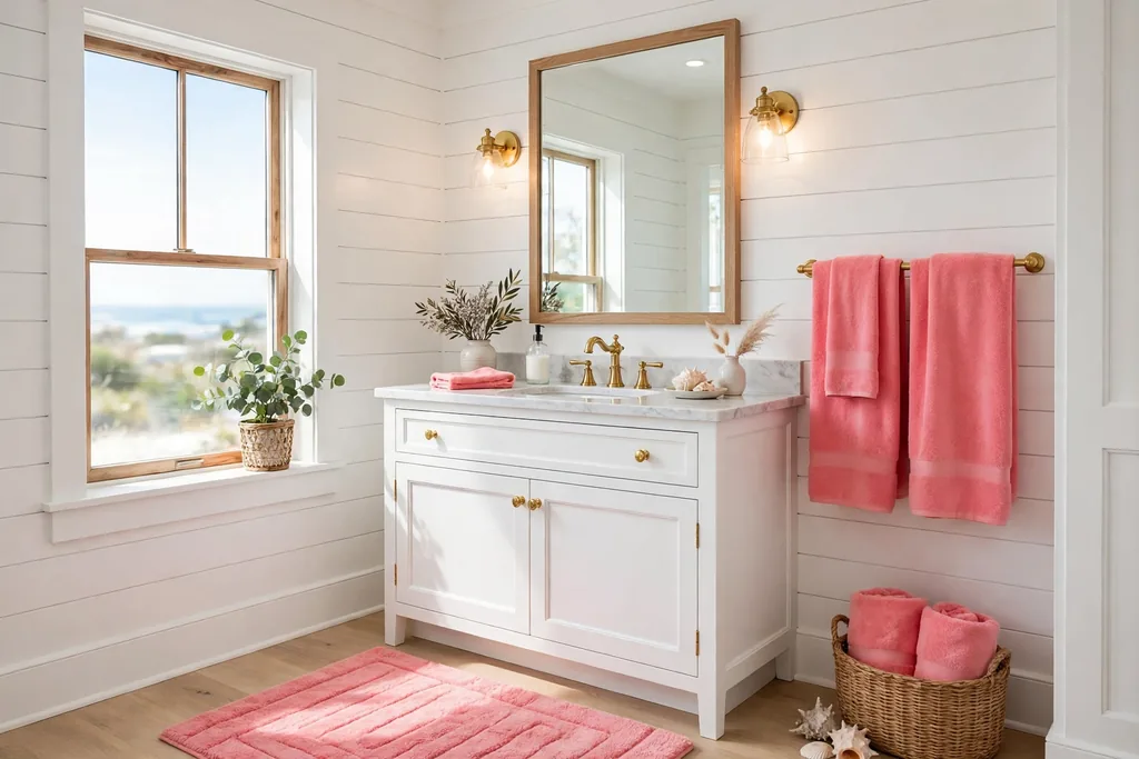 White coastal bathroom with coral pink towels and a coral bath rug.