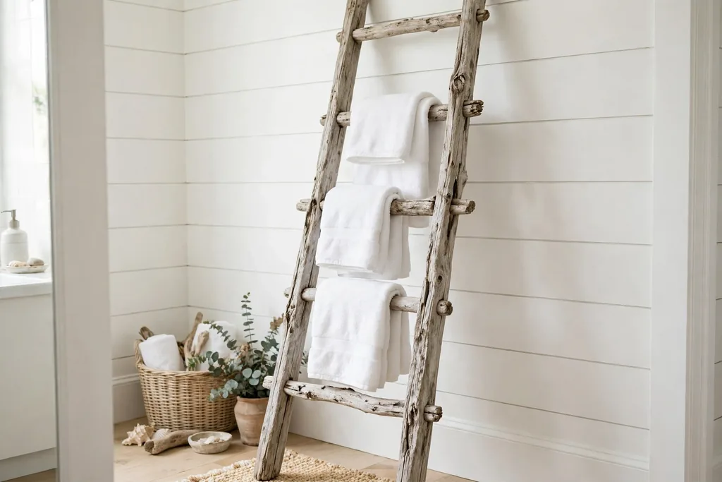 Weathered driftwood ladder towel rail leaning against a white coastal bathroom wall.