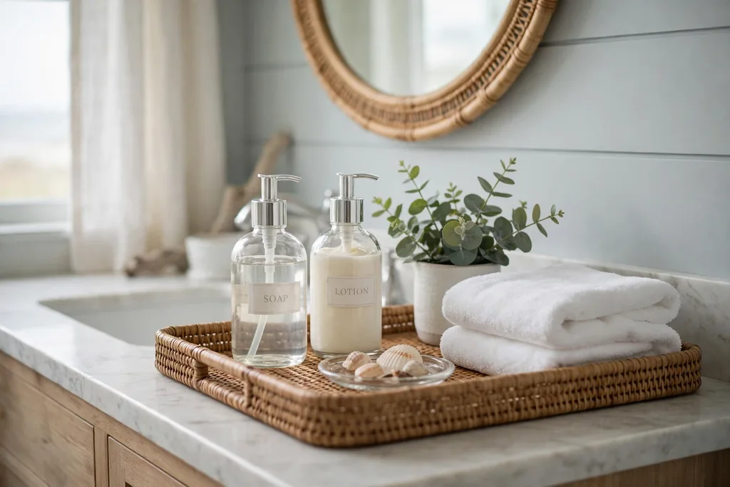 Bathroom vanity tray with clear glass soap and lotion bottles.