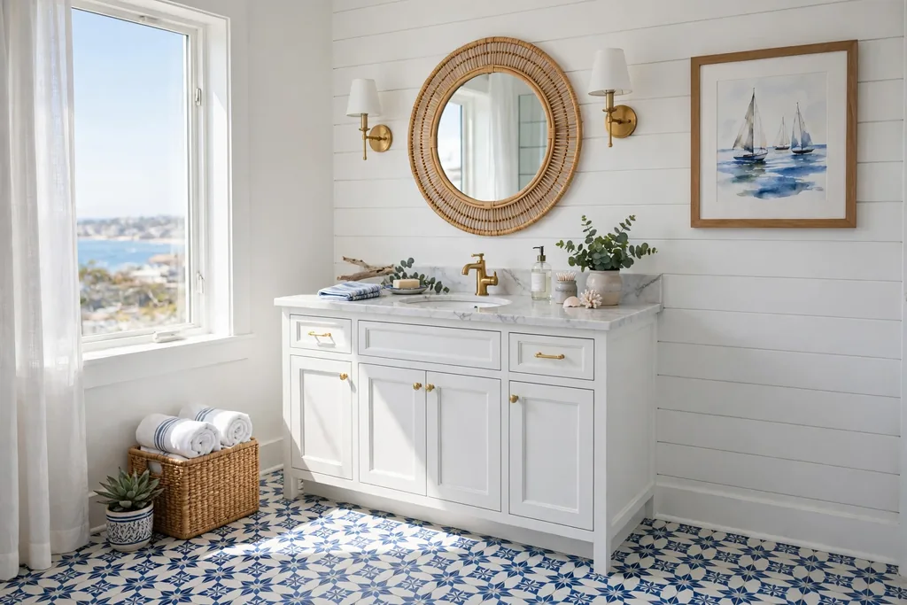 Coastal bathroom with blue and white patterned floor tiles and a white vanity.