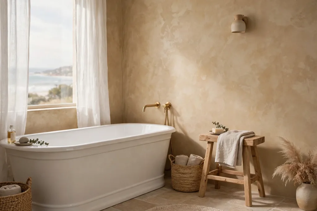Bathroom with warm sand toned limewash plaster walls and a white tub.