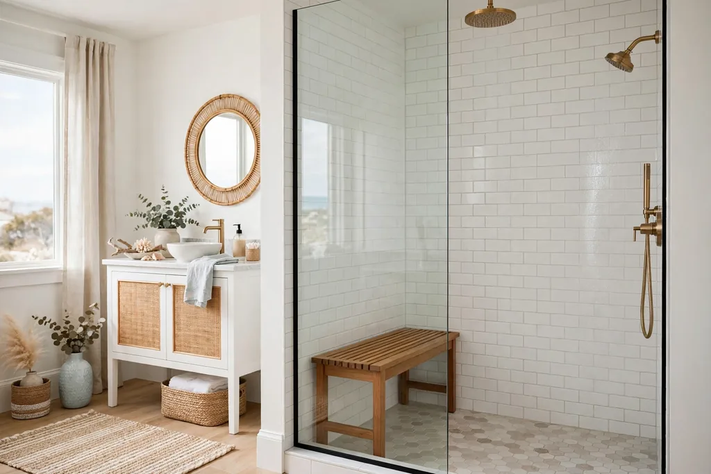 Walk in shower with a teak wood bench, white tiles, and a glass panel.