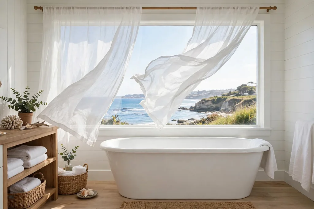 Coastal bathroom window with sheer white linen curtains and a white tub below.