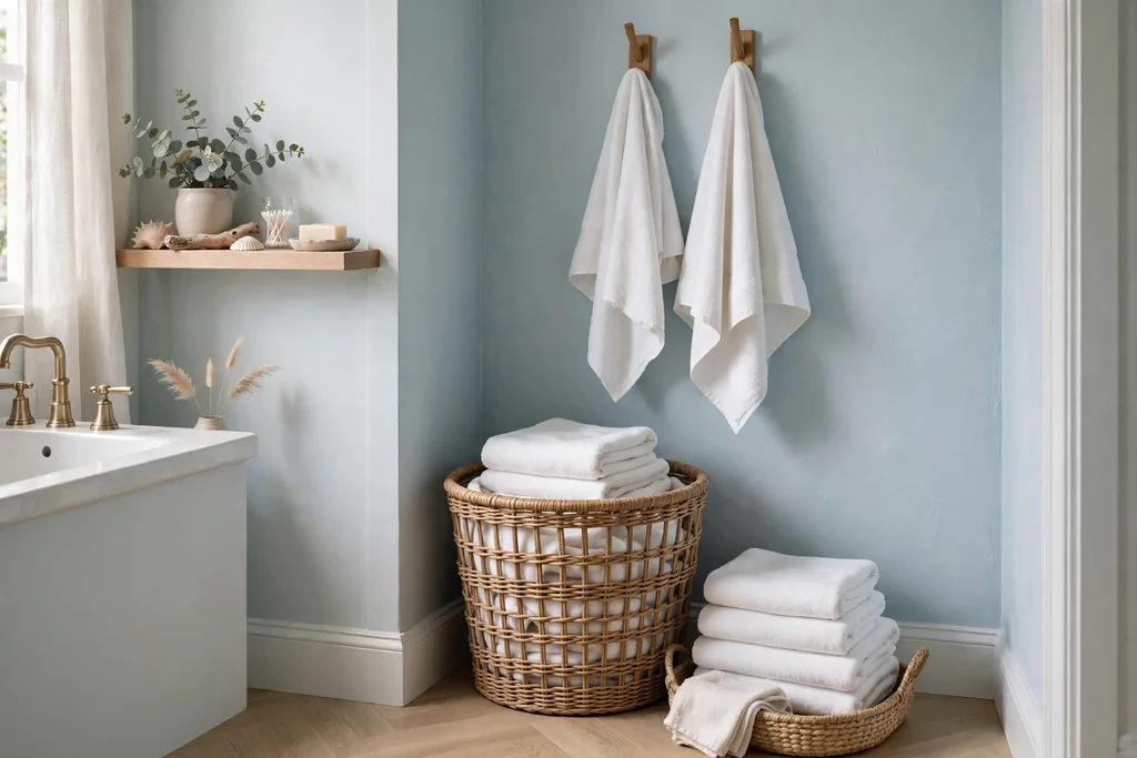 Coastal bathroom corner with a woven wicker laundry hamper.