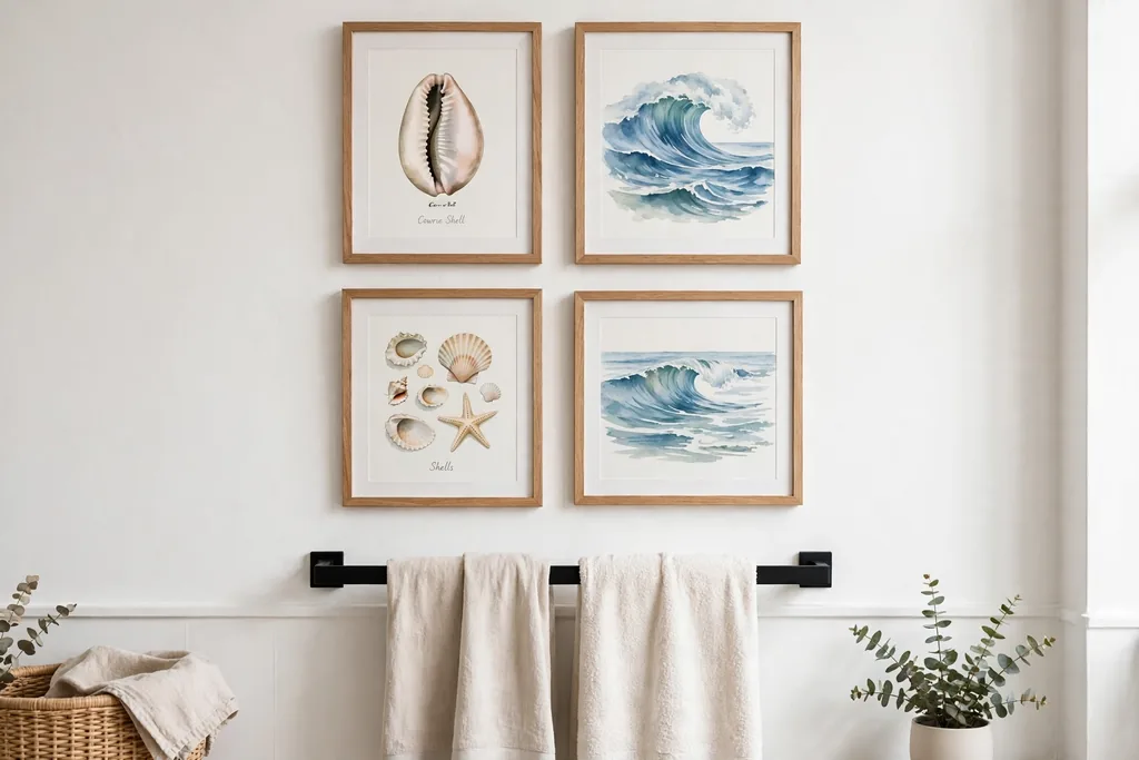 Bathroom gallery wall with framed coastal prints of shells and waves.