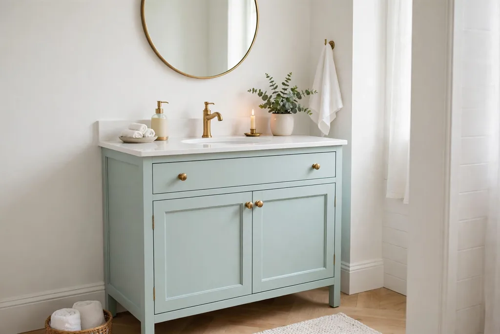Bathroom with a pale aqua painted vanity cabinet and a white countertop.