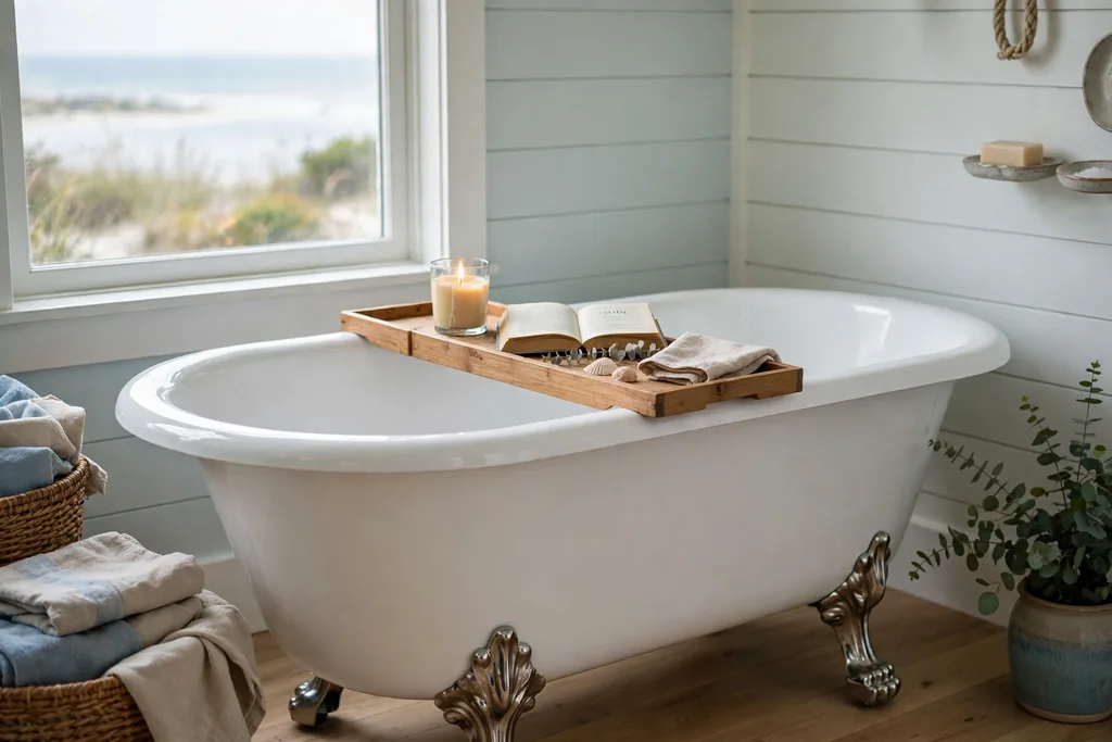 White clawfoot bathtub with a wooden bath tray holding a candle and a book.