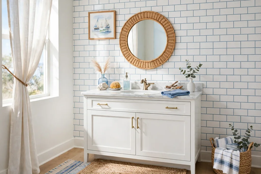 Bathroom wall in white subway tiles with soft blue grout lines.