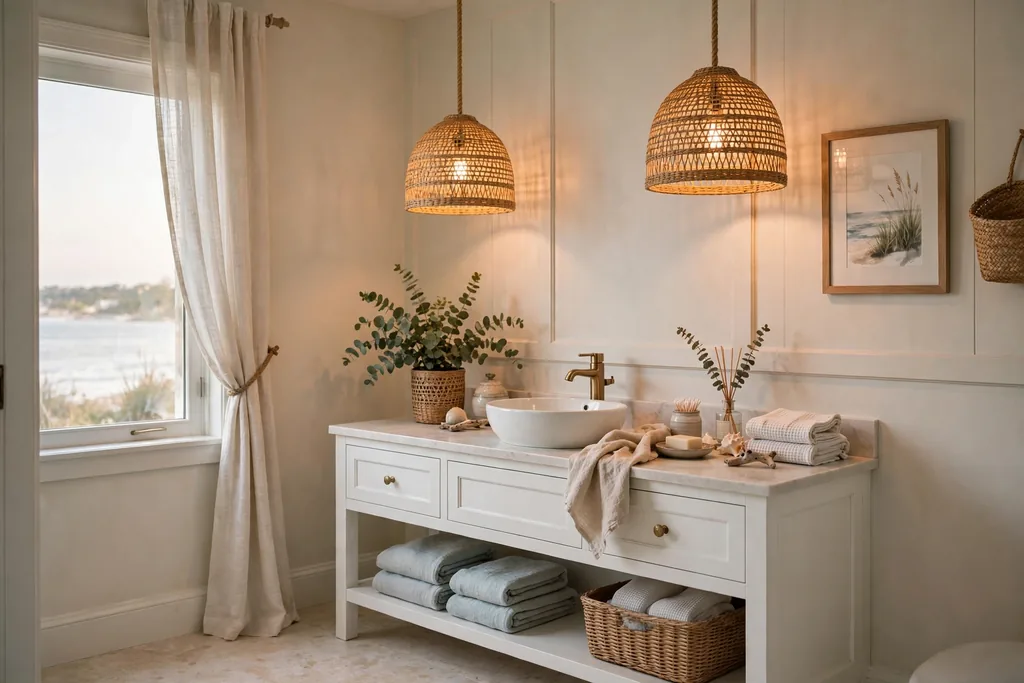 Coastal bathroom with woven rattan pendant lights above a white vanity.