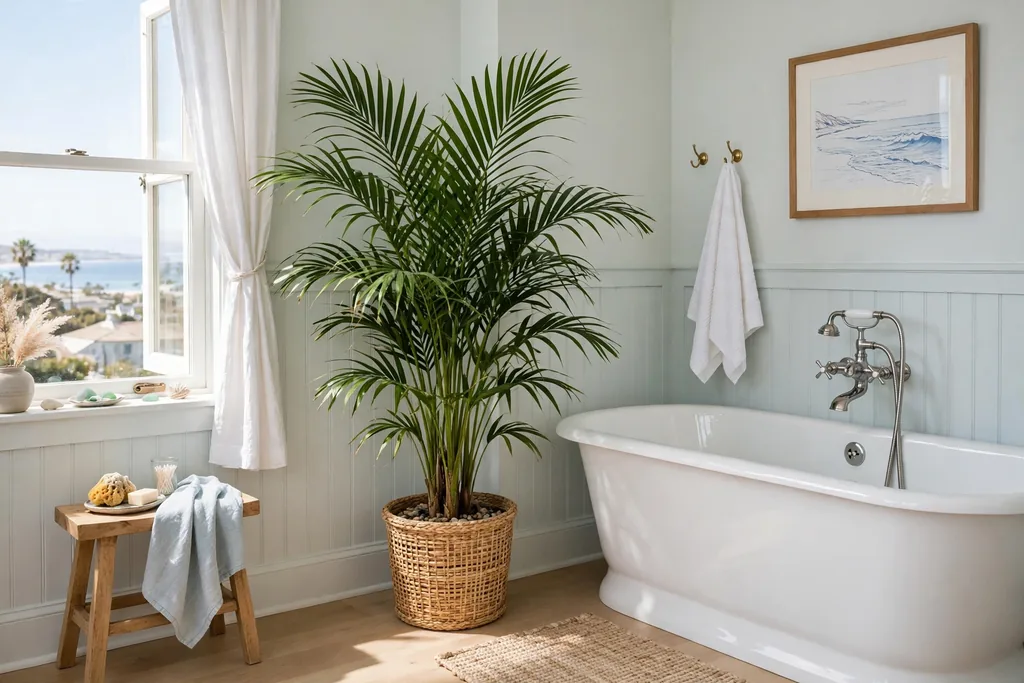 Bright coastal bathroom corner with a large potted palm plant beside a white bathtub.