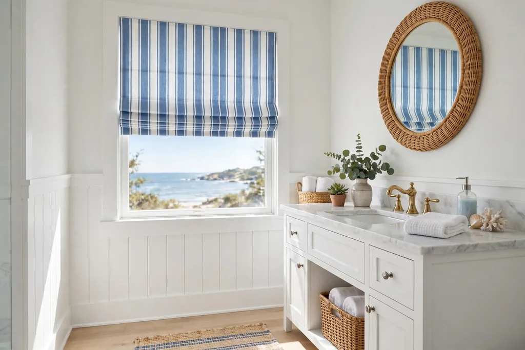 Coastal bathroom window with a blue and white striped Roman blind.