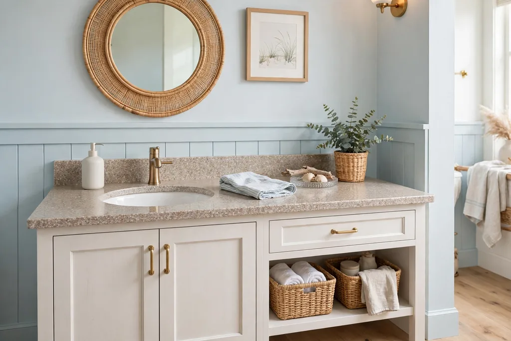 Bathroom vanity with a speckled sand toned stone countertop and a white basin.