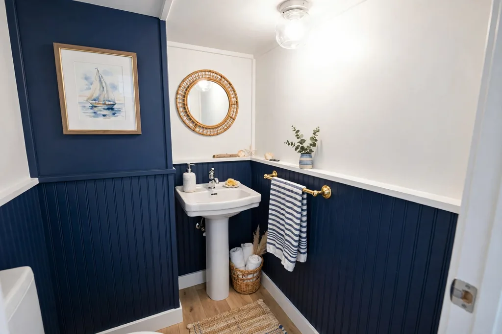 Small coastal powder room with navy blue and white walls and a small white sink.