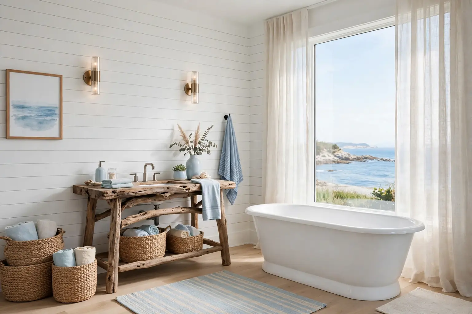 Wide bright coastal bathroom with white shiplap walls, a freestanding tub, a driftwood vanity, and soft daylight.