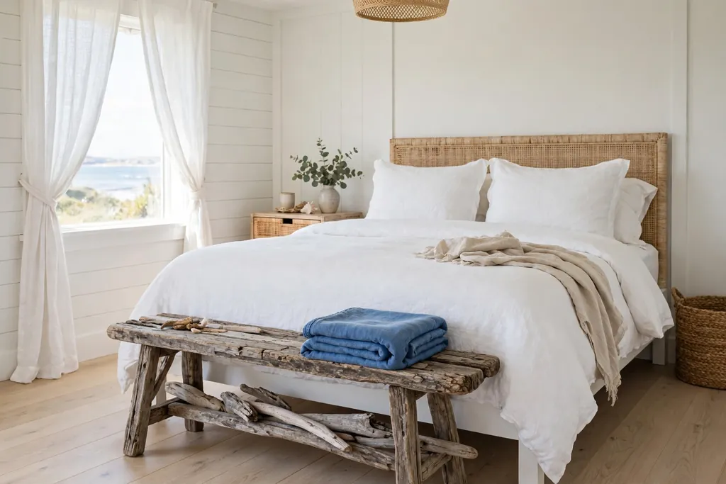 Coastal bedroom with a weathered driftwood bench at the foot of a white bed, a folded blue throw on the bench, and sheer curtains at a window.
