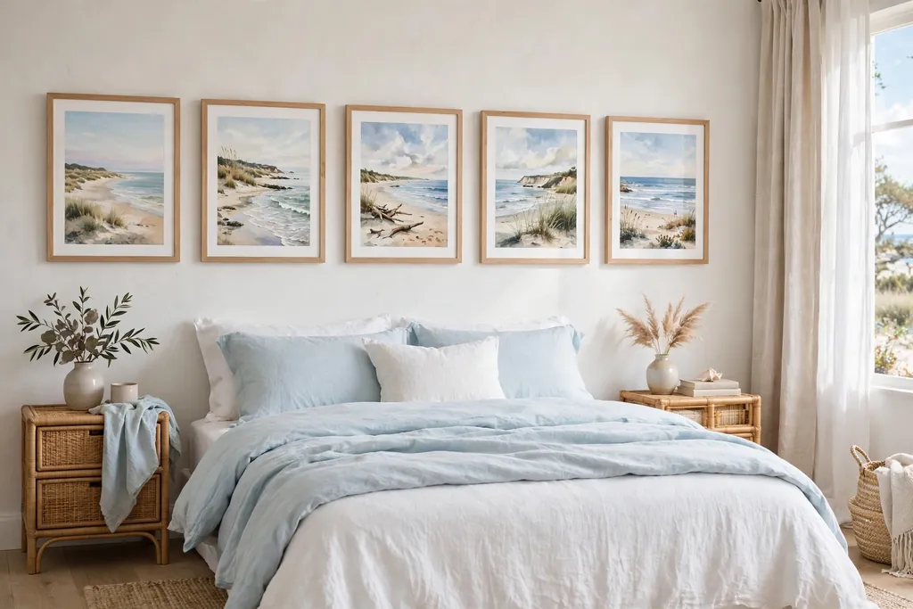 Coastal bedroom with five framed seaside prints in light wood frames above a bed with pale blue and white bedding.