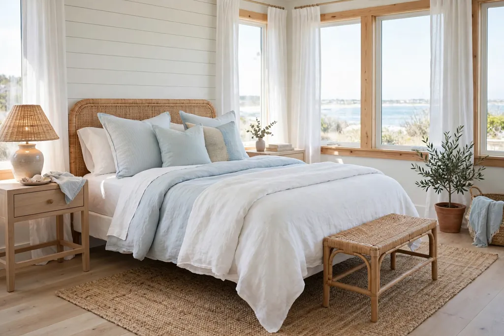 Coastal bedroom with a large natural jute rug under a white bed, a woven bench at the foot, and light wood floors.
