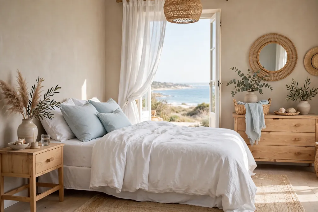 Coastal bedroom bed with layered white linen bedding, pale blue cushions, a light wood dresser, and a window with a sea view.