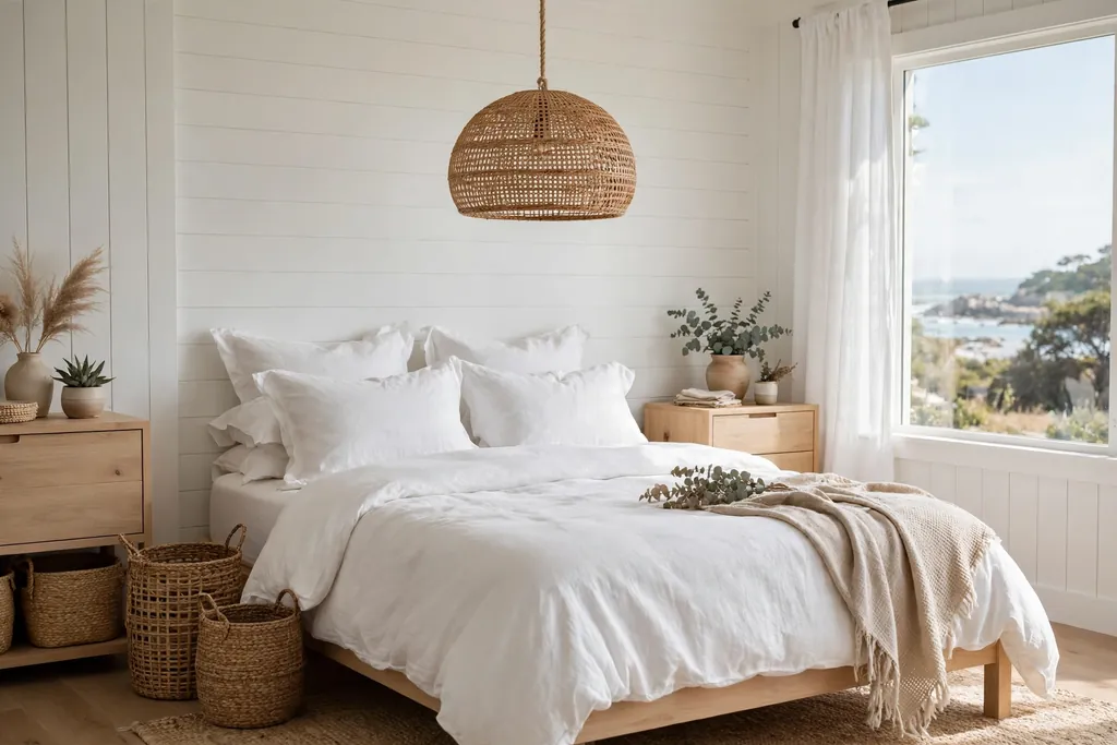 Coastal bedroom with a woven rattan pendant light, woven baskets beside the bed, and white bedding.