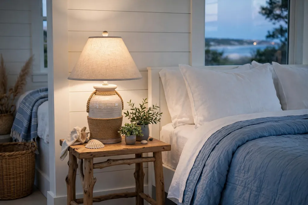 Coastal bedroom nightstand with a ceramic and rope table lamp, a shell, and small plants beside a bed with blue bedding in evening light.