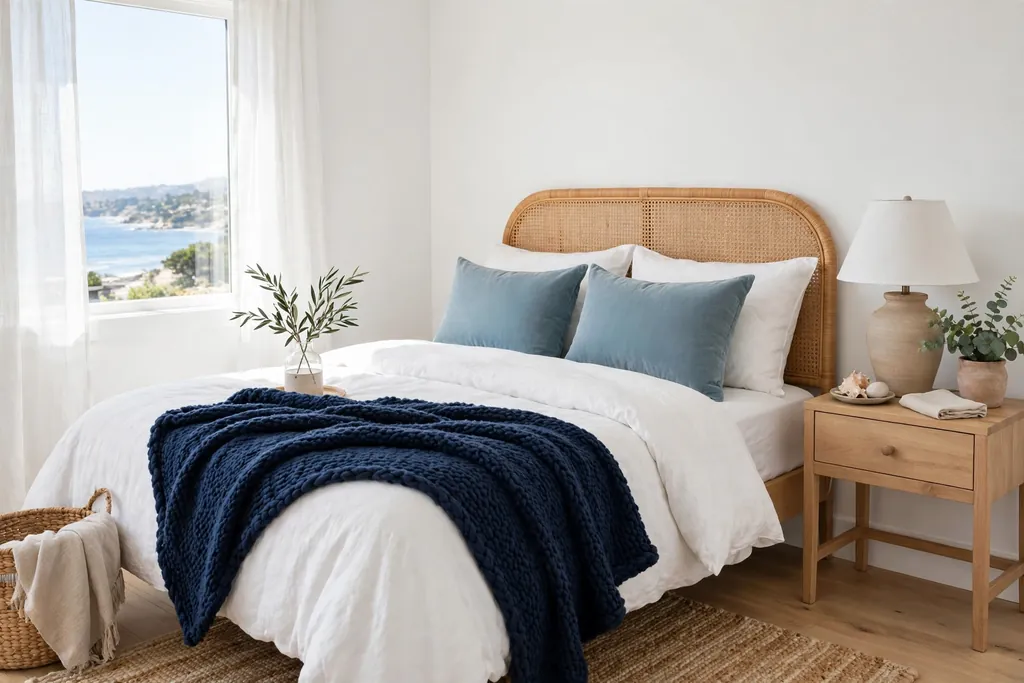 Coastal bedroom bed with white bedding, sea blue cushions, and a navy blue knit throw, beside a light wood nightstand.