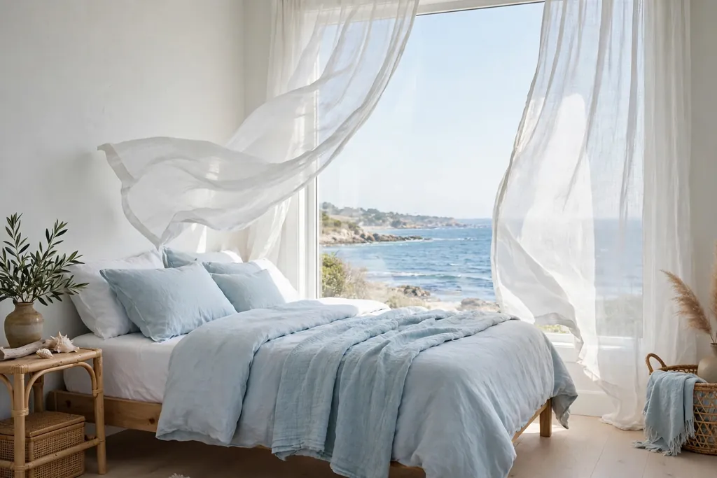Coastal bedroom with sheer white curtains blowing beside a large window with a sea view, and a bed with pale blue bedding.