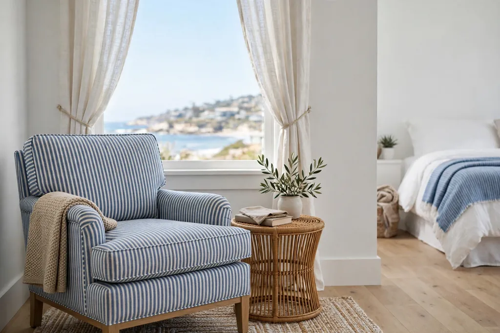 Coastal bedroom reading corner with a blue and white striped armchair beside a window with a sea view and a rattan side table.