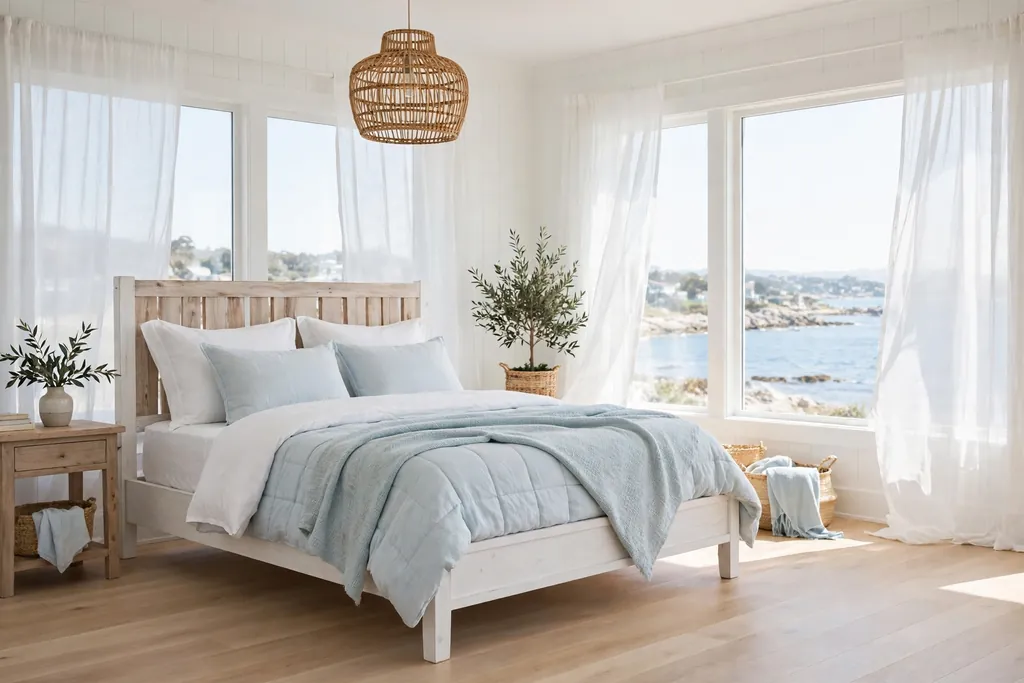 Bright coastal bedroom in white, sand and pale blue, with a light wood bed, pale blue bedding, a rattan pendant light, and windows looking over the sea.