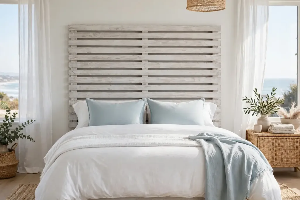 Coastal bedroom with a whitewashed wood slatted headboard, white bedding, pale blue cushions, and sheer curtains beside sea view windows.