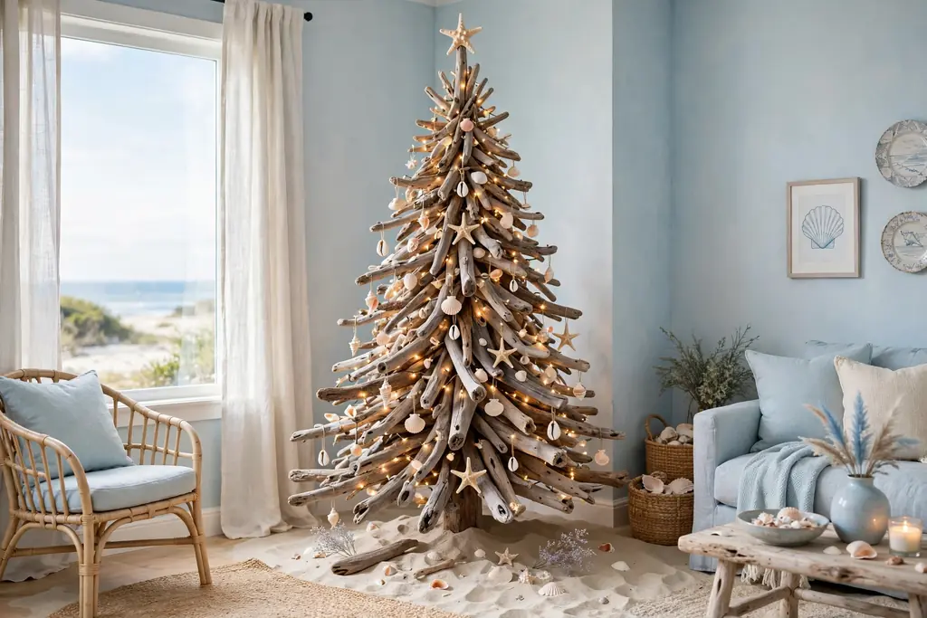 Freestanding driftwood Christmas tree in a living room corner with shell ornaments and warm lights.