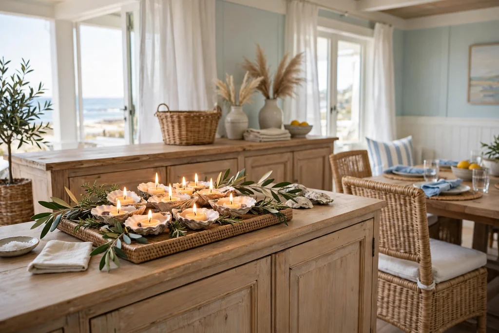 Sideboard with candles in oyster shells grouped on a tray with greenery.