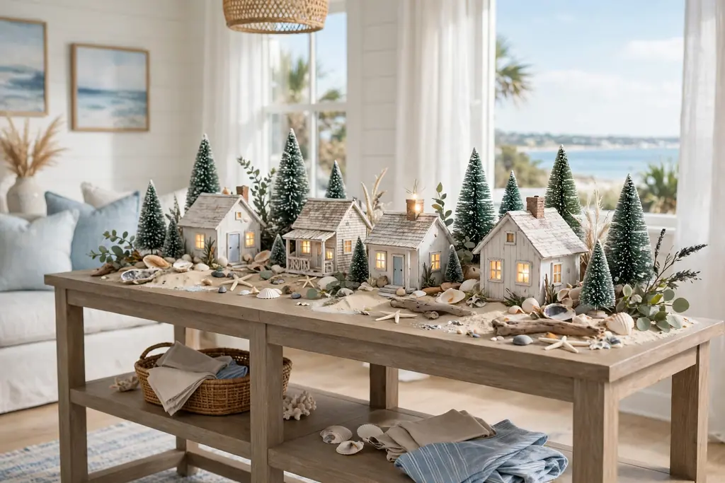 Console table with a miniature beach cottage village with glowing windows.