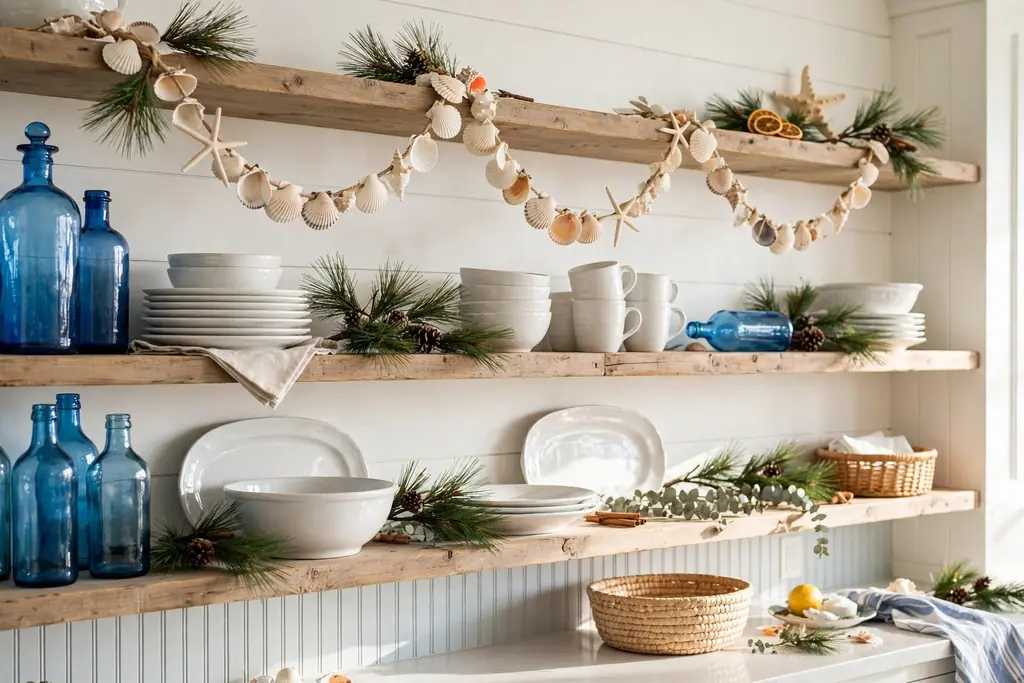 Kitchen shelves styled with blue glass bottles, a shell garland, and pine sprigs.