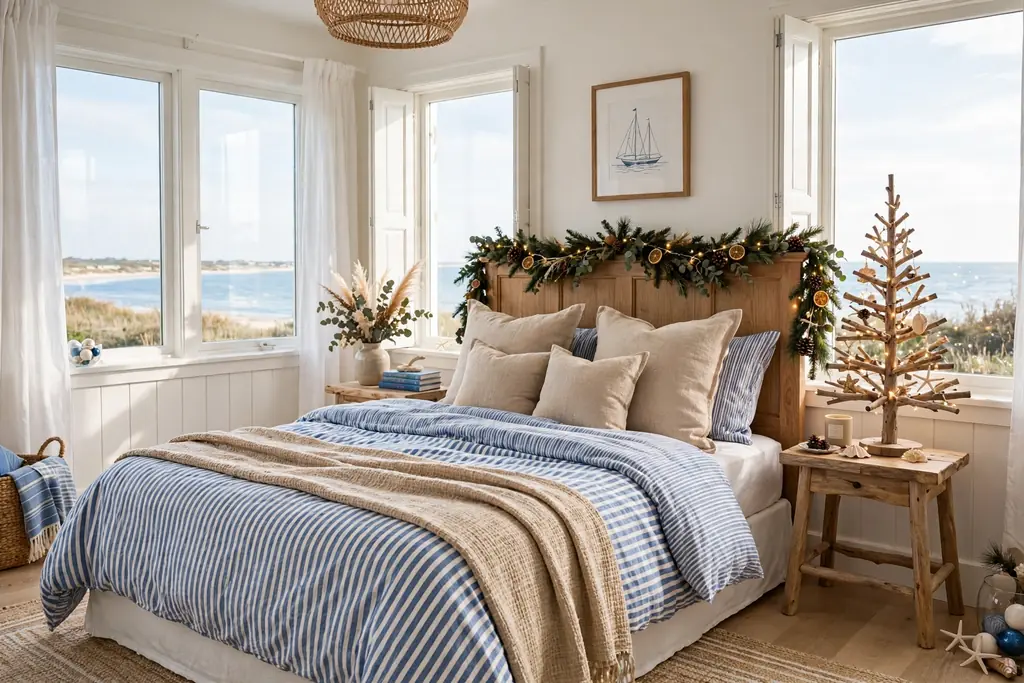 Coastal bedroom with blue and white bedding and a small driftwood tree on the nightstand.