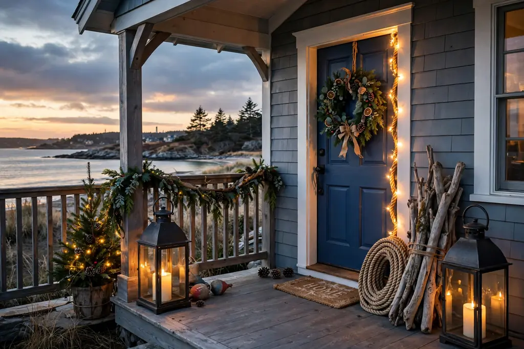 Porch with large lanterns, driftwood, rope, and warm lights beside the door.